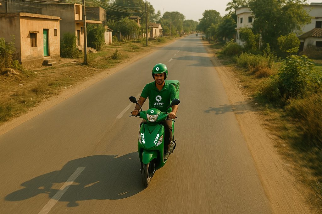 A man riding Zypp Electric scooter for delivery